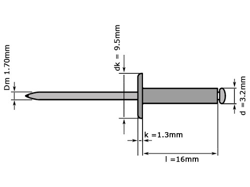 Blindklinknagel DIN 7337 Grote Platbolkop 3.2x16mm Kop 9.5mm Aluminium/Staal Verzinkt