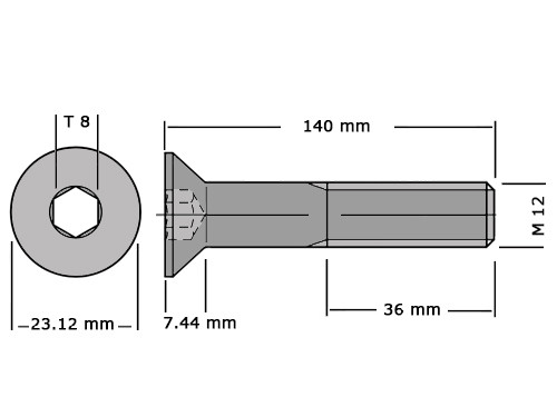Verzonken bout met binnenzeskant DIN 7991 / ISO 10642 M12x140 8.8 Verzinkt