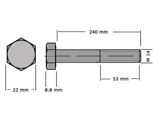 Zeskanttapbout Deeldraad DIN 931 M14x240 8.8 Verzinkt