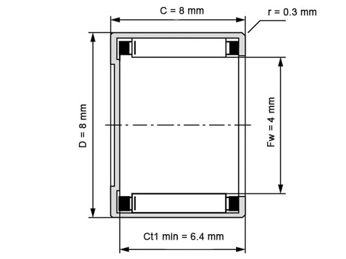 INA Naaldhulslager 1-Zijdig Gesloten BK0408 (4x8x8mm)